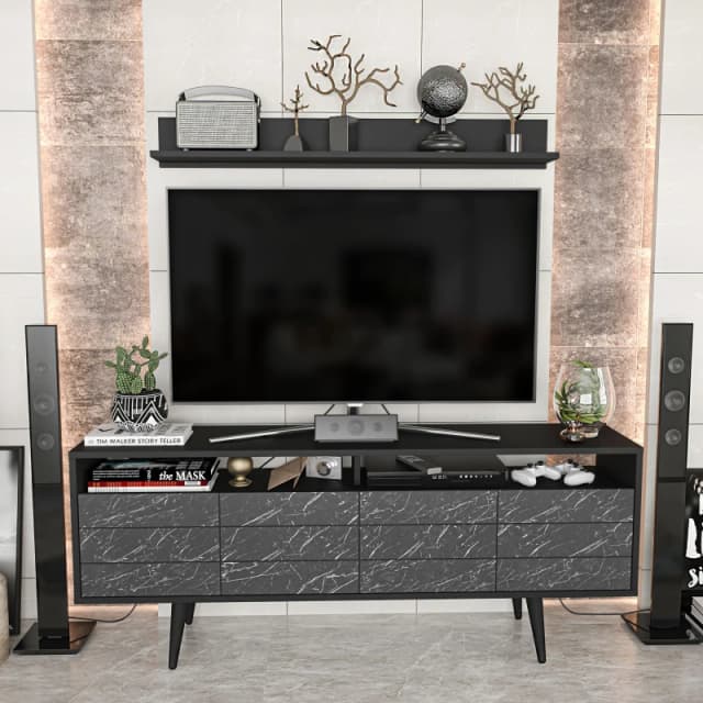 Decorotika Ola 160cm Wide TV Stand Media Console with Wall Shelf for TVs up to 72" in Black Unisex