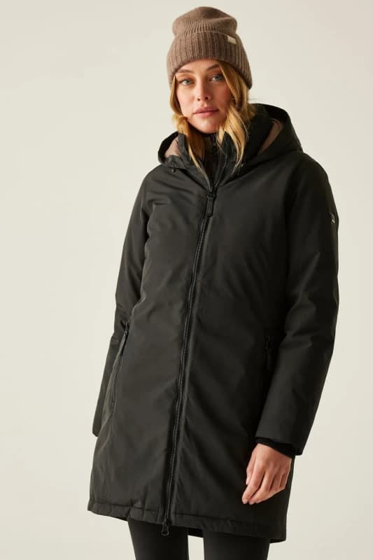 Regatta Womens Marron Longline Hooded Breathable Waterproof Insulated Jacket in Black Size: 10 Black Female 10