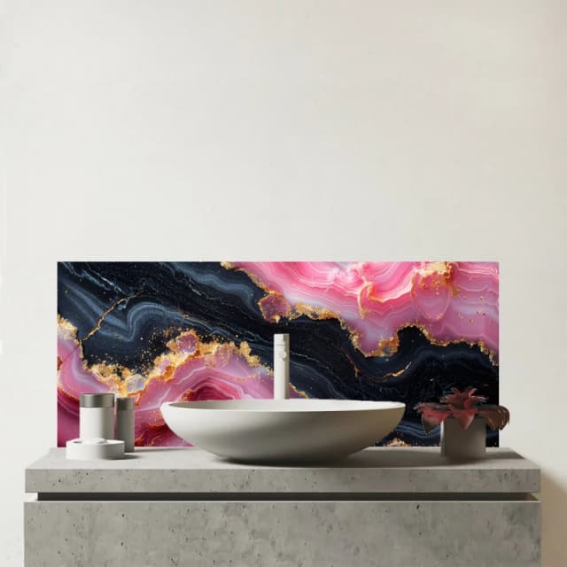 Warren Reed - Designer Pink & Black Marble Effect Glass Bathroom Splashback Pink Unisex