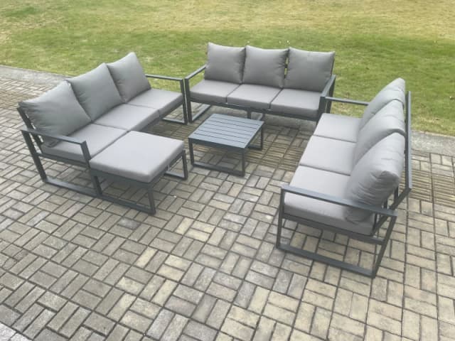 Fimous Aluminium 10 Seater Outdoor Garden Furniture Set Patio Lounge Sofa with Square Coffee Table Big Footstool Conservatory Set Dark Grey Dark Grey