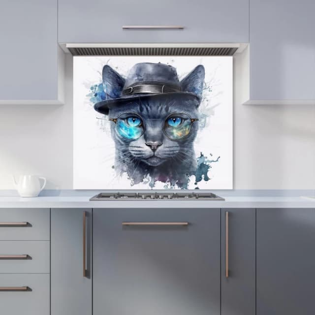 Warren Reed - Designer Russian Blue Cat With Glasses Splashart Kitchen Splashback Size: 600mm x 750mm Multicolor Unisex 600mm x 750mm