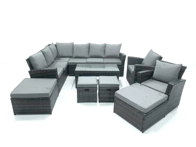 Fimous 12 Seat Rattan Garden Furniture Corner Sofa Set Outdoor Patio Sofa Chair Table Set in Dark Grey Dark Grey Unisex