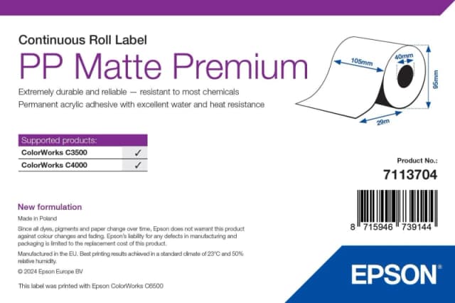Epson 7113704 Premium Matte White Continuous Label Roll 105mm x 29m (Original)