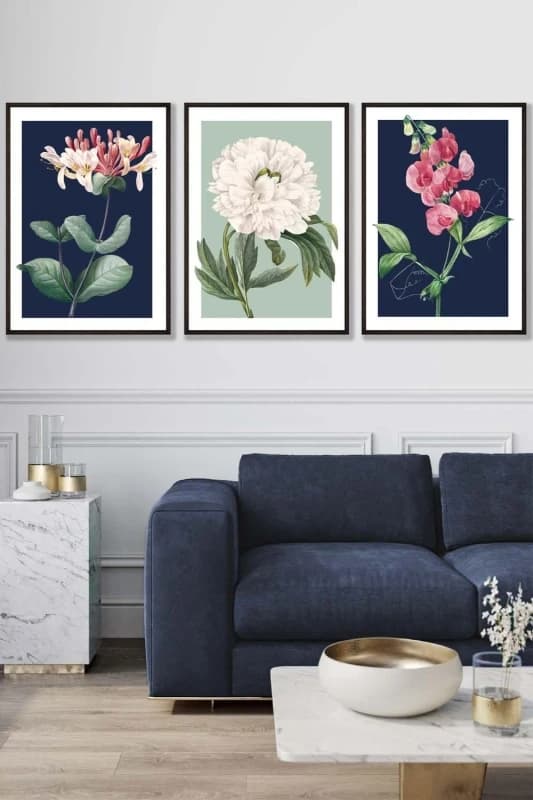 ARTZE Set of 3 Black Framed Vintage Flowers Honeysuckle Blue & Green Wall Art in Navy Size: W45cm x H62cm x D20mm Navy Unisex W45cm x H62cm x D2