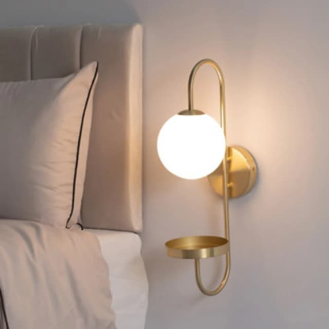 ValueLights ValueLights Milo Frosted Glass Globe Shade Curved Wall Light with Shelf in Gold Gold One Size Unisex 5016529271307