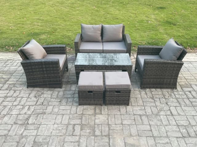 Fimous 6 Seater Outdoor Rattan Garden Furniture Set Patio Lounge Sofa Set with Coffee Table 2 Small Footstools Dark Grey Mixed Dark Grey Unisex