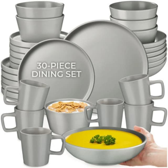 Tectake 30 PC Dinnerware Set Una - Dinner Set, Incl. Plates, Bowls And Mugs, For 6 People - Grey