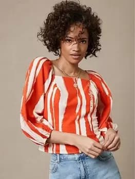 Mint Velvet Astrid Linen Square Neck Top, Orange, Size S, Women