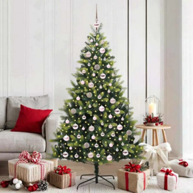 vidaXL Artificial Hinged Christmas Tree 300 LEDs and Pink Balls Green 180 cm, Green 3395993