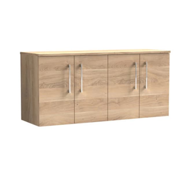 Nuie Arno Wall Hung 4-Door Vanity & Bleached Cuneo Oak Worktop, Stylish Counter Top Vanity Unit In Bleached Oak, 1200mm