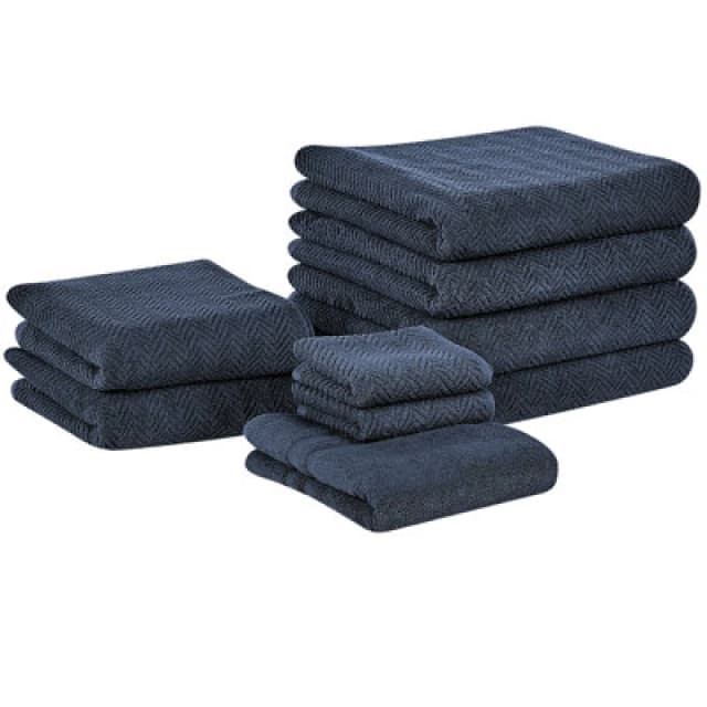 Beliani Set Of 9 Towels Mitiaro Terry Cotton Dark Blue