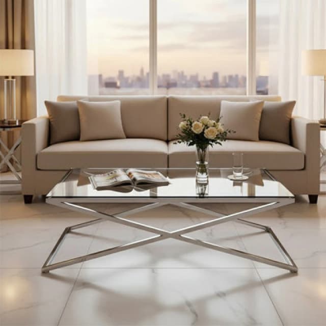Orsina Glass Coffee Table With Metal Criss Cross Design, Glass Top Coffee Table, Silver Coffee Table For Living Room