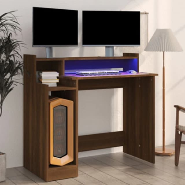 vidaXL Desk with LED Lights Brown Oak 97x45x90cm Engineered Wood, Brown 820477