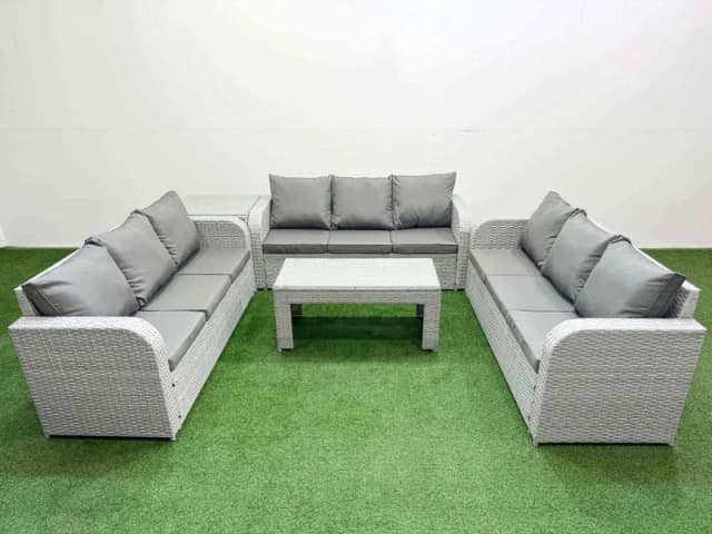 Fimous PE Rattan Lounge Sofa Set 9 Seater Outdoor Garden Furniture Set with Oblong Coffee Table 3 Seater Sofa Side Table Light Grey Light Grey