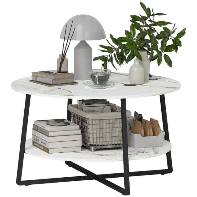 HOMCOM Round Coffee Table with Storage Shelf and Marble Effect Top - White TJ Hughes 5063603556997