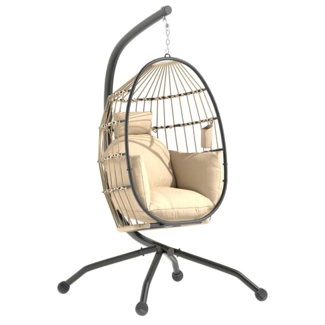 Outsunny Outsunny Egg Chair Outdoor Indoor Garden Swing Chair, Folding Basket - Khaki