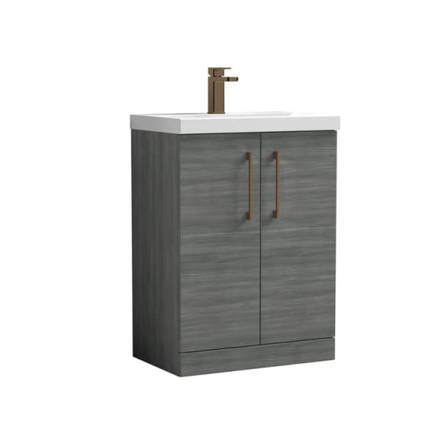 BALTERLEY Balterley Level Contemporary Bathroom Floor Standing 2-Door Vanity Unit & Mid-Edge Basin, Anthracite Woodgrain, 600mm BALARN503AH1516