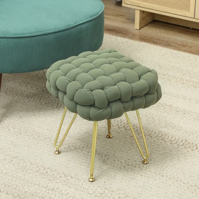 HOMCOM Woven Velvet Foot Stool with Steel Legs for Living Room Dark Green