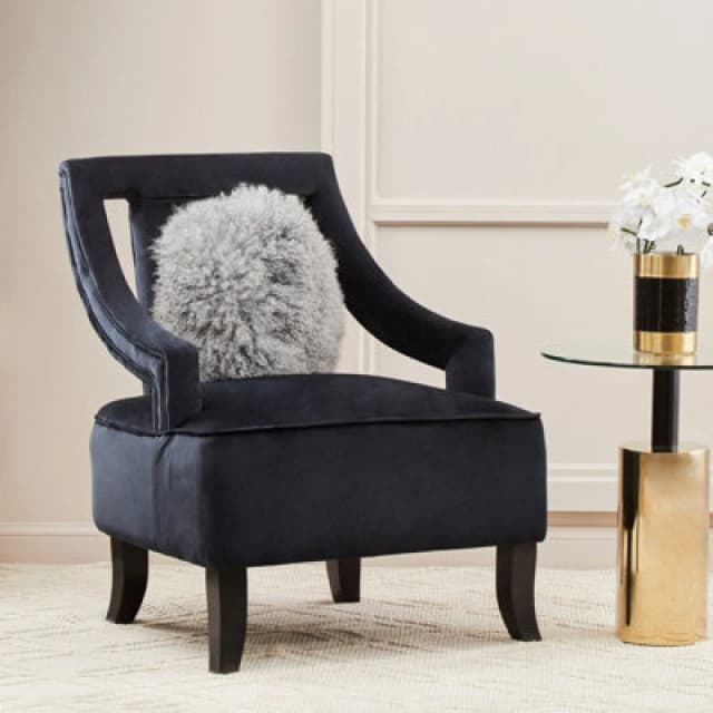 Orsina Black Velvet Accent Chair, Plush Black Velvet Upholstery With Inward-Curving Arms, Wooden-Leg Lounge Chair