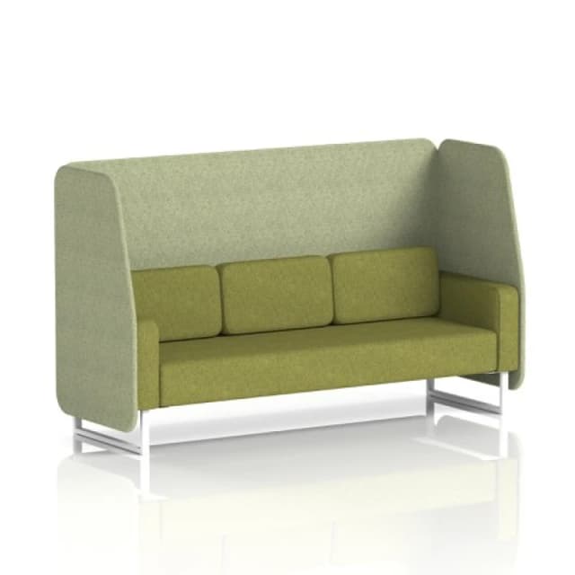 Brixworth 3 Seater Open Office Booth with White Legs in Rivet Fabric - Burnish Panels and Olive Sofa