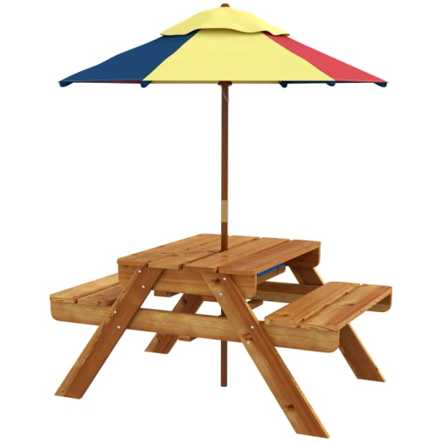 Outsunny Kids Picnic Table Set w/ Sand and Water, Removable Parasol - Brown - Teak - Outsunny 5056725398965