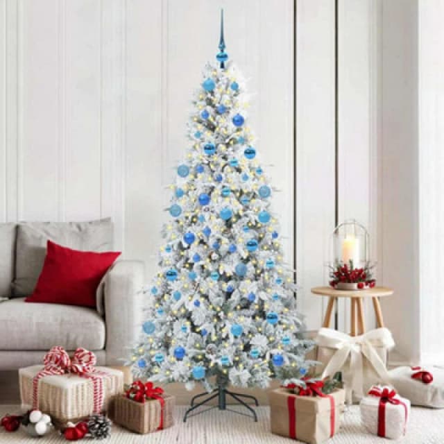 vidaXL Artificial Hinged Christmas Tree with Blue Balls Snow Flocked Green 180cm PE and PVC, Green 3397491