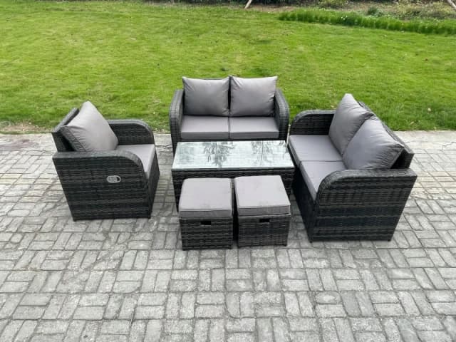 Fimous Patio Garden Furniture Sets Wicker Outdoor Rattan Furniture Sofa Sets with Rectangular Coffee Table Love seat Sofa 2 Small Footstools Dark Grey