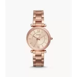 Fossil Womens Carlie Three-Hand Rose Gold-Tone Stainless Steel Watch - Rose Gold