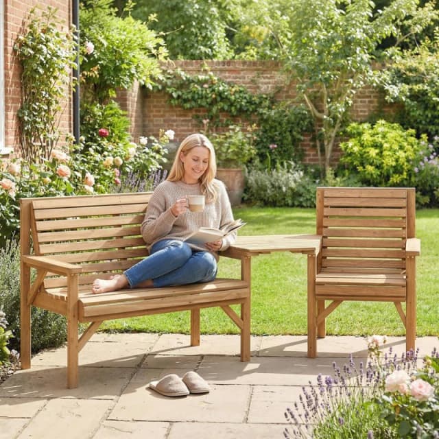 OUTSUNNY Wood Garden Furniture Set w/ Parasol Hole, Detachable Table in Natural Natural Unisex