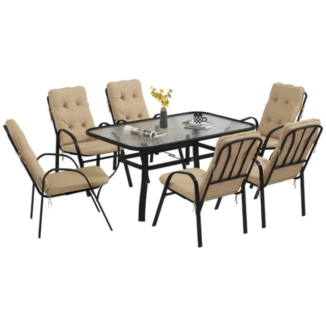 Outsunny Outsunny 7 PCs Garden Dining Set, Glass Table w/ Umbrella Hole & Cushion, Beige - Beige