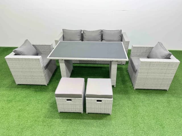 Fimous Patio Garden Furniture Sets with Dining Table 2 Small Stool in Light Grey Light Grey Unisex
