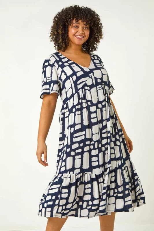 Roman Womens Curve Print Tiered V-Neck Dress in Navy Size: 22-24 Navy Female 22-24