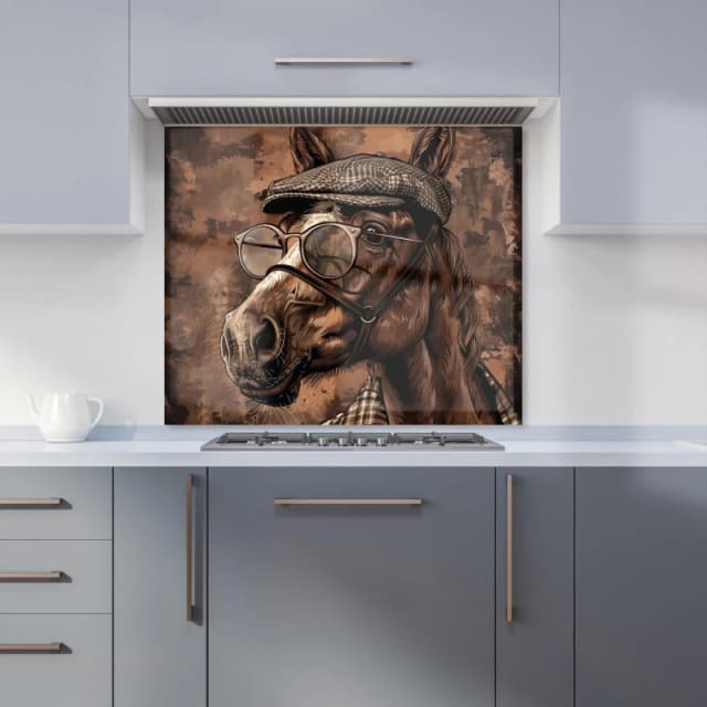 Warren Reed - Designer Dapper Horse with Tweed Cap Kitchen Splashback in Black Size: 600mm x 750mm Black Unisex 600mm x 750mm