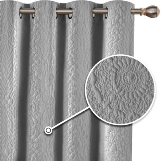 Velosso Embossed Elegant Thermal Curtains - Ring Top Door Curtains, Insulated Quilted For Energy Saving, Machine Washable - Grey