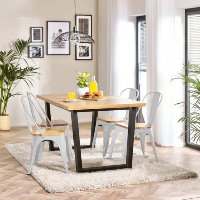 FurnitureboxUK FurnitureboxUK 4 Seater Wood Dining Table - Cotswold 'Oak' Herringbone Dining Table & 4 White Colton Wooden Seat Metal Chairs White One