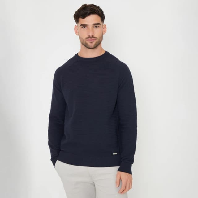 Threadbare 'Mowbray' Textured Stripe Knitted Crew Neck Jumper Navy