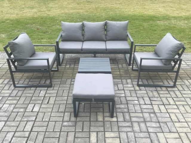 Fimous Aluminium Outdoor Garden Furniture Set Lounge Sofa 2 PC Chairs Square Coffee Table Sets with Big Footstool Dark Grey Dark Grey Unisex