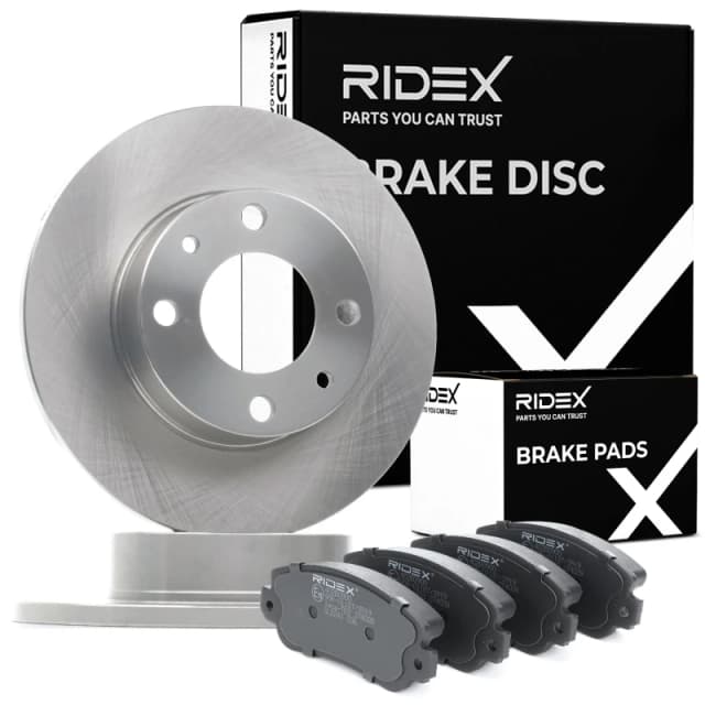 RIDEX 3405B0278 Brake disc and pads set Front Axle, Brake Disc Type: solid, incl. wear warning contact Brake Set,disc brakes (3405)