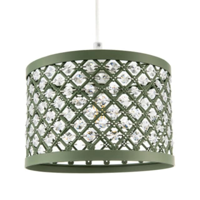 Happy Homewares Modern Ornate Olive Green Metal Pendant Shade With Clear Acrylic Beads