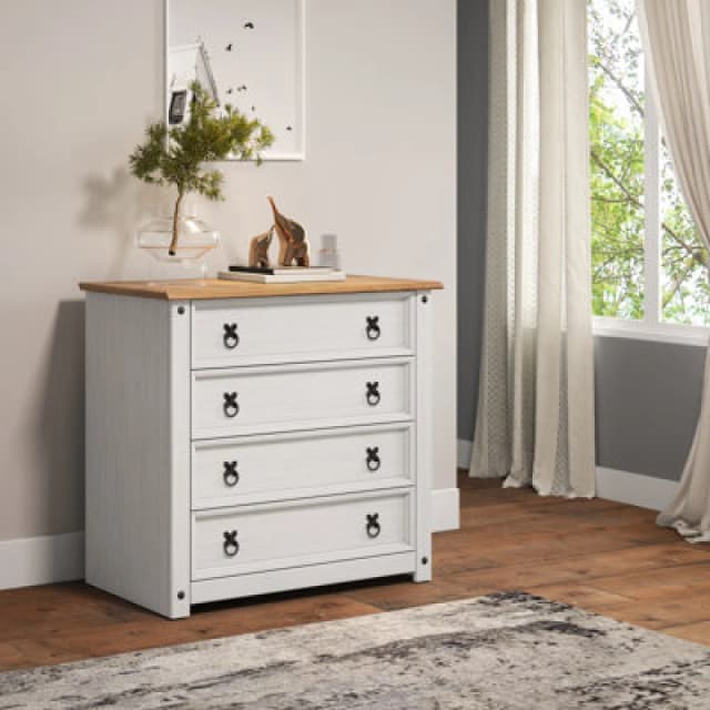 Mercers Furniture Corona White Small 4 Drawer Chest Solid Pine With Mexican Styling