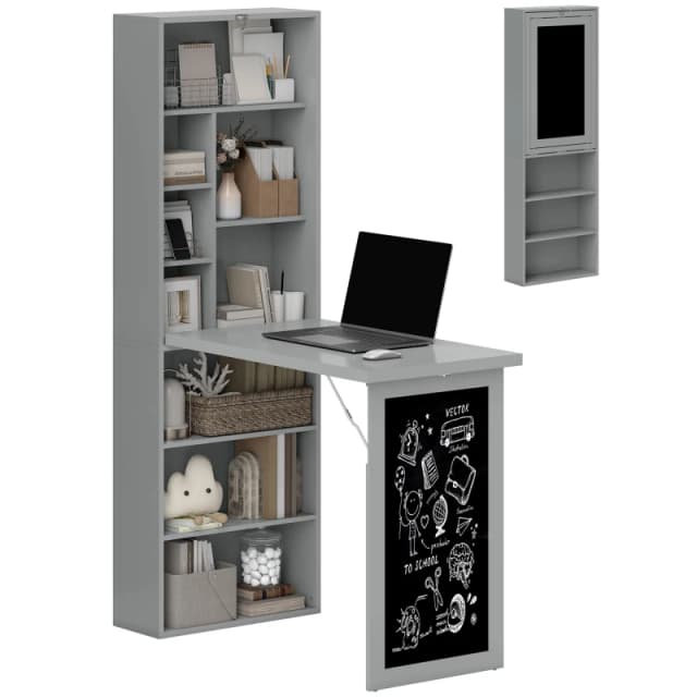 HOMCOM Fold-out Convertible Writing Desk Wall Mount Cabinet with Blackboard and Side Shelf Multi-Function Home Office Workstation, Grey Aosom UK