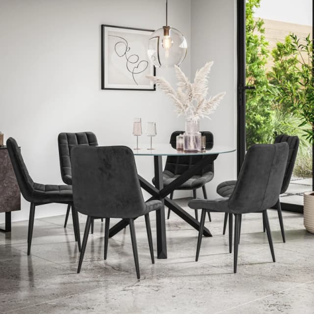 More4Homes Malvern Round Dining Table And Chairs - Clear Glass Table Top W Solid Black Oak Legs + Nova Velvet Dining Chair Set Of 6 (Black)