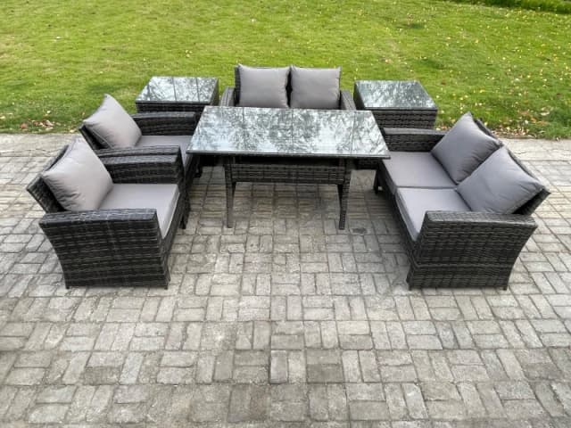 Fimous Rattan Garden Furniture Set Patio Outdoor Lounge Sofa Set with Oblong Dining Table Double Seat Sofa 2 Side Tables in Dark Grey Dark Grey Unisex