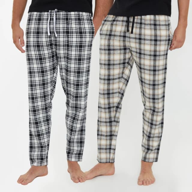 Threadbare 2-Pack 'Vanilla' Brushed Cotton Flannel Check Lounge Bottoms Black