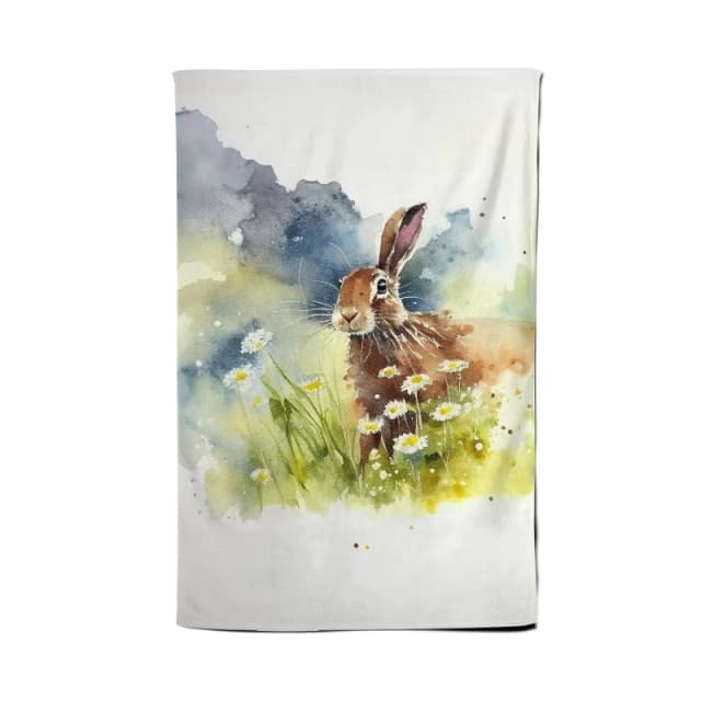 Warren Reed - Designer Hare & Daisies Watercolour Tea Towel in Brown Brown Unisex