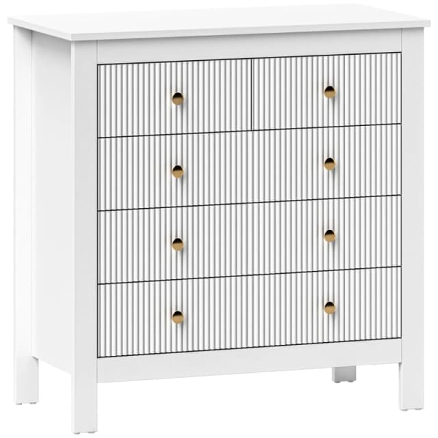 HOMCOM Fluted Bedroom Chest of Drawers w/ 5 Drawers Gold Tone Handles - White TJ Hughes 5063603650169