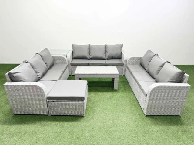 Fimous PE Rattan Lounge Sofa Set 10 Seater Outdoor Garden Furniture Set with Oblong Coffee Table 3 Seater Sofa Big Footstool Side Table Light Grey Lig
