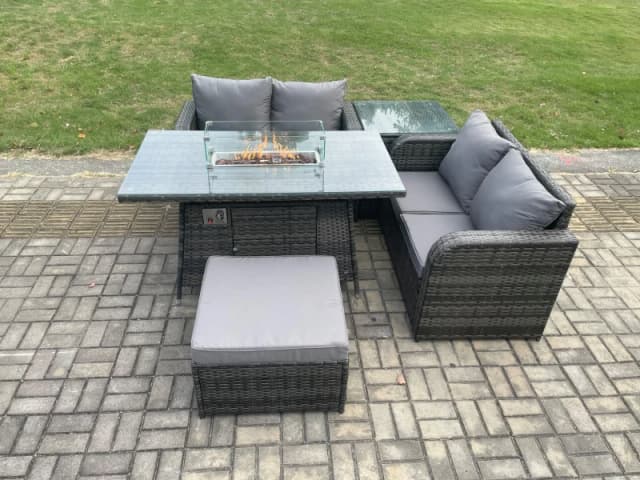 Fimous Rattan Garden Furniture Set with Gas Fire Pit Table 5 Pieces Outdoor Loveseat Sofa Set Dark Grey Mixed Dark Grey