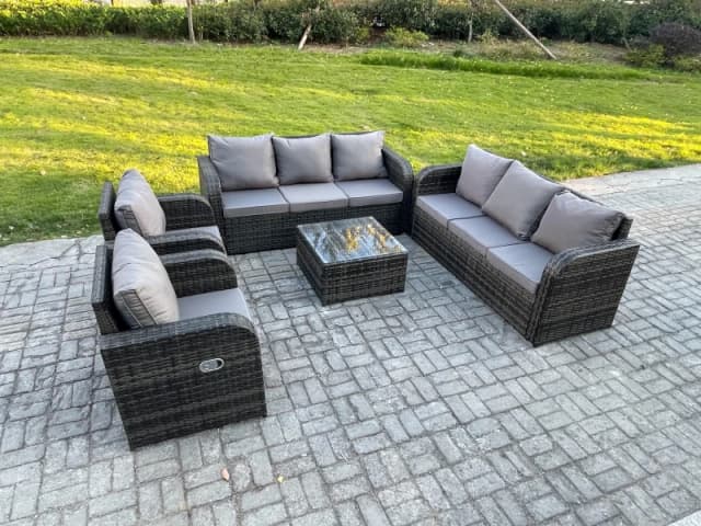 Fimous High Back Rattan Garden Furniture Set with Square Coffee Table Indoor Outdoor Patio Lounge Sofa Set Dark Grey Mixed Dark Grey