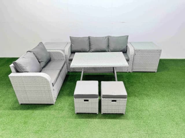 Fimous Rectangular Dining Table Sofa Set with 2 Small Stool 2 Side Tables in Light Grey Light Grey Unisex